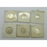 Six silver coins including two Victorian