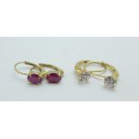 A pair of 10ct gold earrings and a pair of 14ct gold and CZ earrings, total weight 2.1g