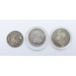 A George IV 1821 crown, one other George IV coin, 1820 and a George III 1812 3 shilling Bank