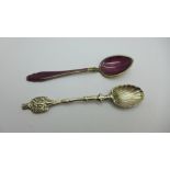 A Victorian silver spoon, London 1842 and an enamelled silver spoon by K. Hestenes, Norway, total