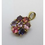 A yellow metal, diamond and coloured gem-set pendant, 3.9g, 13mm wide