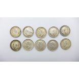 Ten silver shillings, nine 1902 to 1918 and one 1923, 56.4g