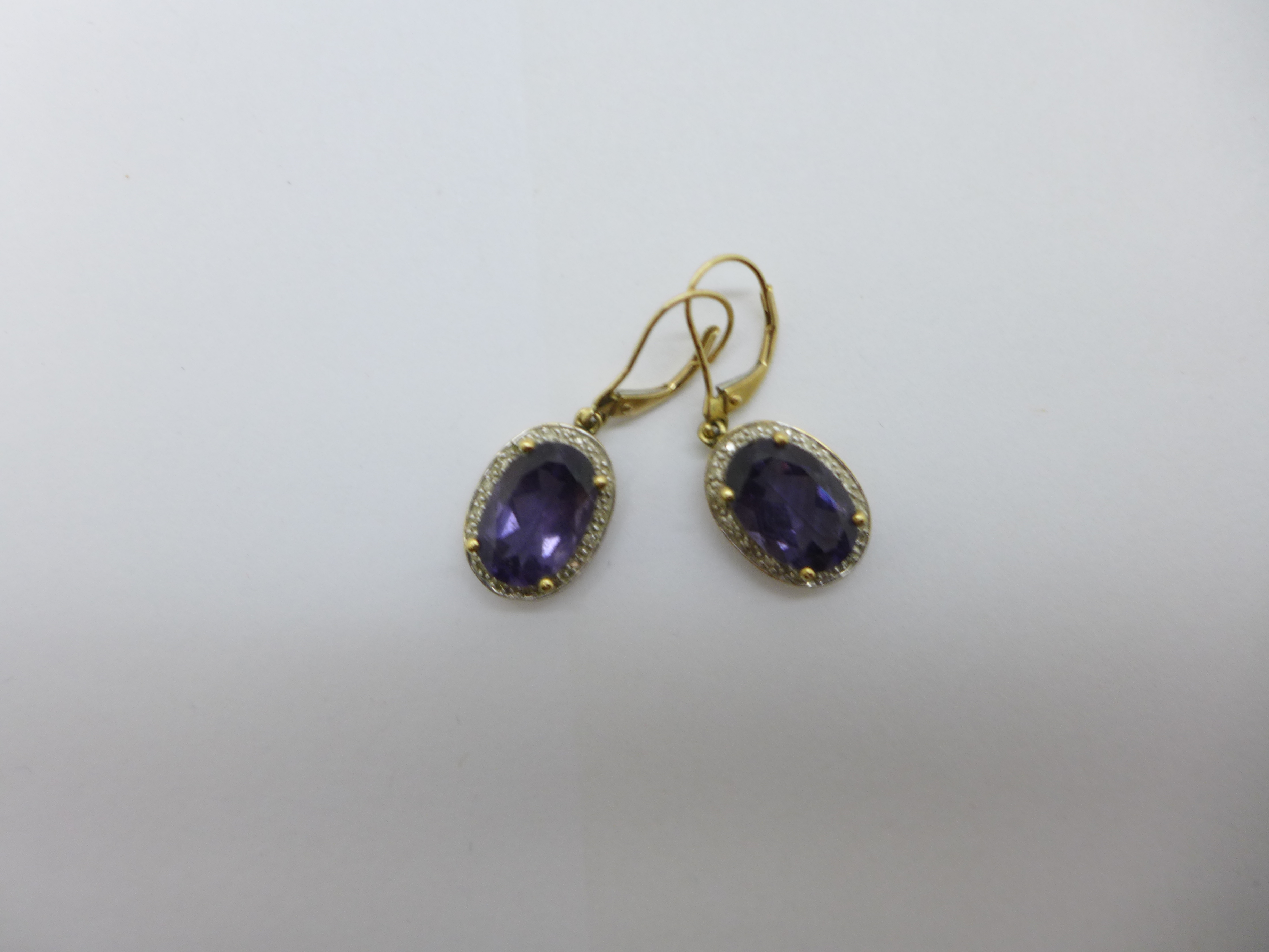 A pair of 9ct gold, amethyst and diamond pendant earrings, 4.1g, amethysts approximately 8mm x 11mm - Image 2 of 3