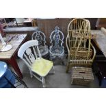 A pair of aluminium garden chairs, cane armchair, cane stand, basket and a Victorian painted kitchen