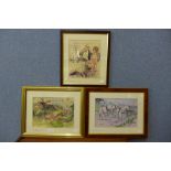Three signed Geoffrey Mark Clement Huskinson comical cartoon prints, framed