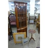 A mahogany corner cabinet, tripod wine table, Royal Marines embroidered fire screen and a print of a