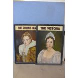 Two pub signs, The Queens Head and The Victoria