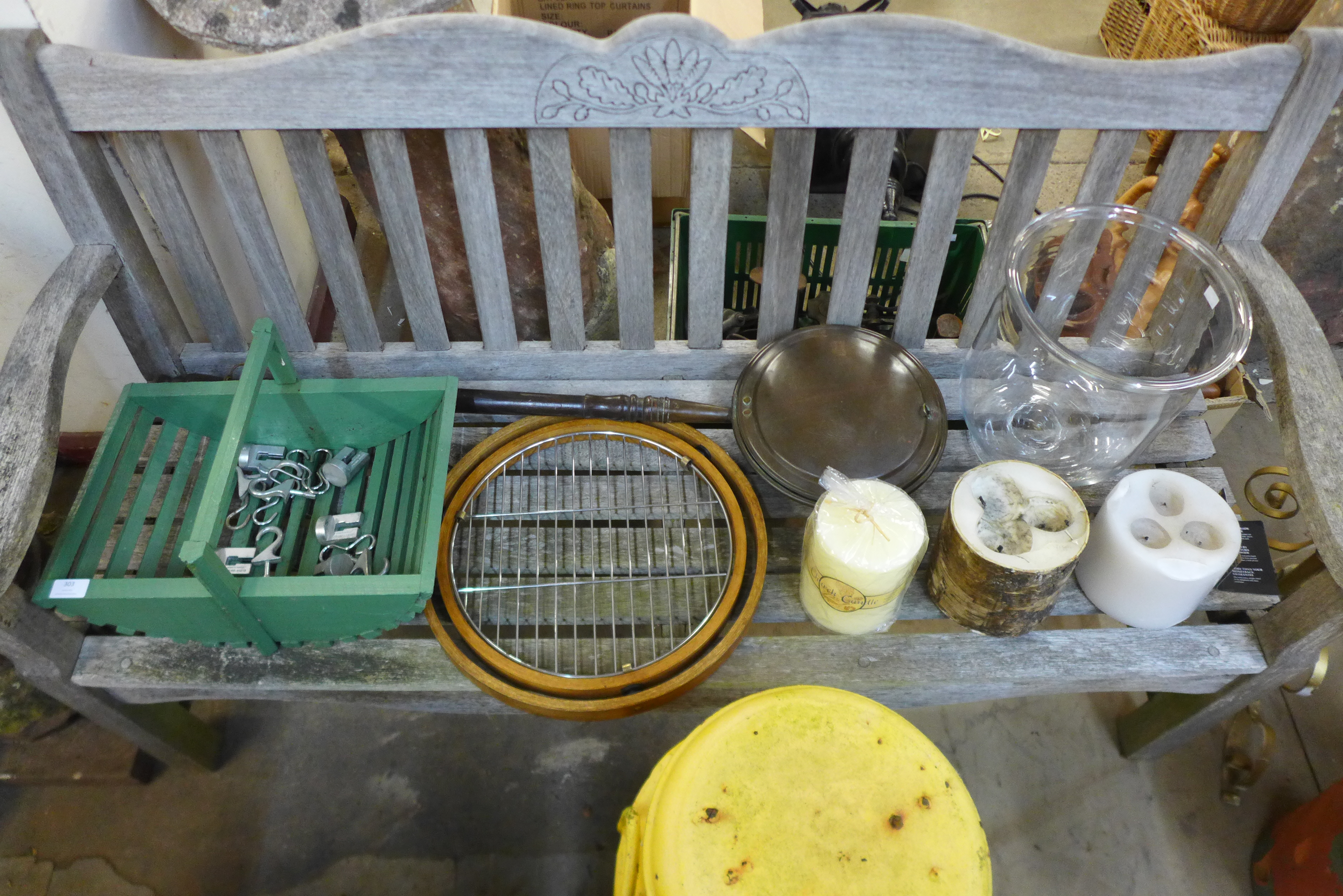 A wooden trug, hanging pan stand, glass punch bowl and a copper warming pan
