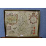 A 17th Century John Speed hand coloured engraved map, The Countie of Nottingham, framed