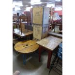 Two painted metal and beech industrial tables and three tea chests