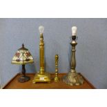 A Tiffany style table lamp, brass Corinthian column table lamp and two others