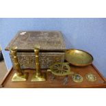 A collection of metalware, including brass and copper bowls and a brass box, etc.