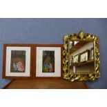 A pair of Indian paintings on leaves and a gilt framed mirror
