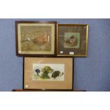 Two watercolours of game birds and a hunting dog print