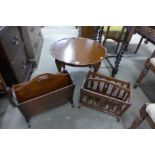 A walnut coffee table and two mahogany magazine racks