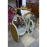 Two gilt framed mirrors and a cream and parcel gilt dressing table mirror