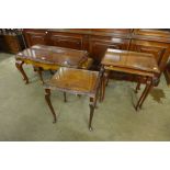 A burr walnut nests of tables, a burr walnut nest of two tables and an occasional table