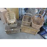 Five wicker baskets and a doll's chair