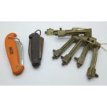 An NCB pocket knife, a set of miner's 'popeye' keys and a military pocket knife