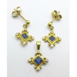 An pair of 18ct gold and diamond earrings and a matching pendant, 2.7g