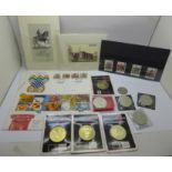 Four World Savers coins by Royal Mint, commemorative crowns, stamps and two Cash of Coventry