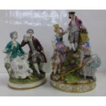 Two German porcelain figure groups; couple seated, with theatrical mask, and Meissen Gardening