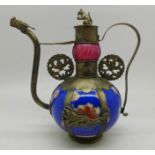 A Chinese Tibetan squirrel and dragon porcelain and metal covered small tea pot