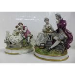 Two German porcelain figure groups; couple in conversation, with lamb and couple playing chess, both