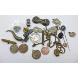 Assorted items including watch keys, coins, two stick pins, etc.