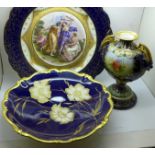 A Rosenthal royal blue and gilt shallow dish, decorated with flowers, a Karlstad large cabinet plate