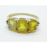 A 9ct gold Ethiopian opal and emerald ring, with certificate, 2.4g, S