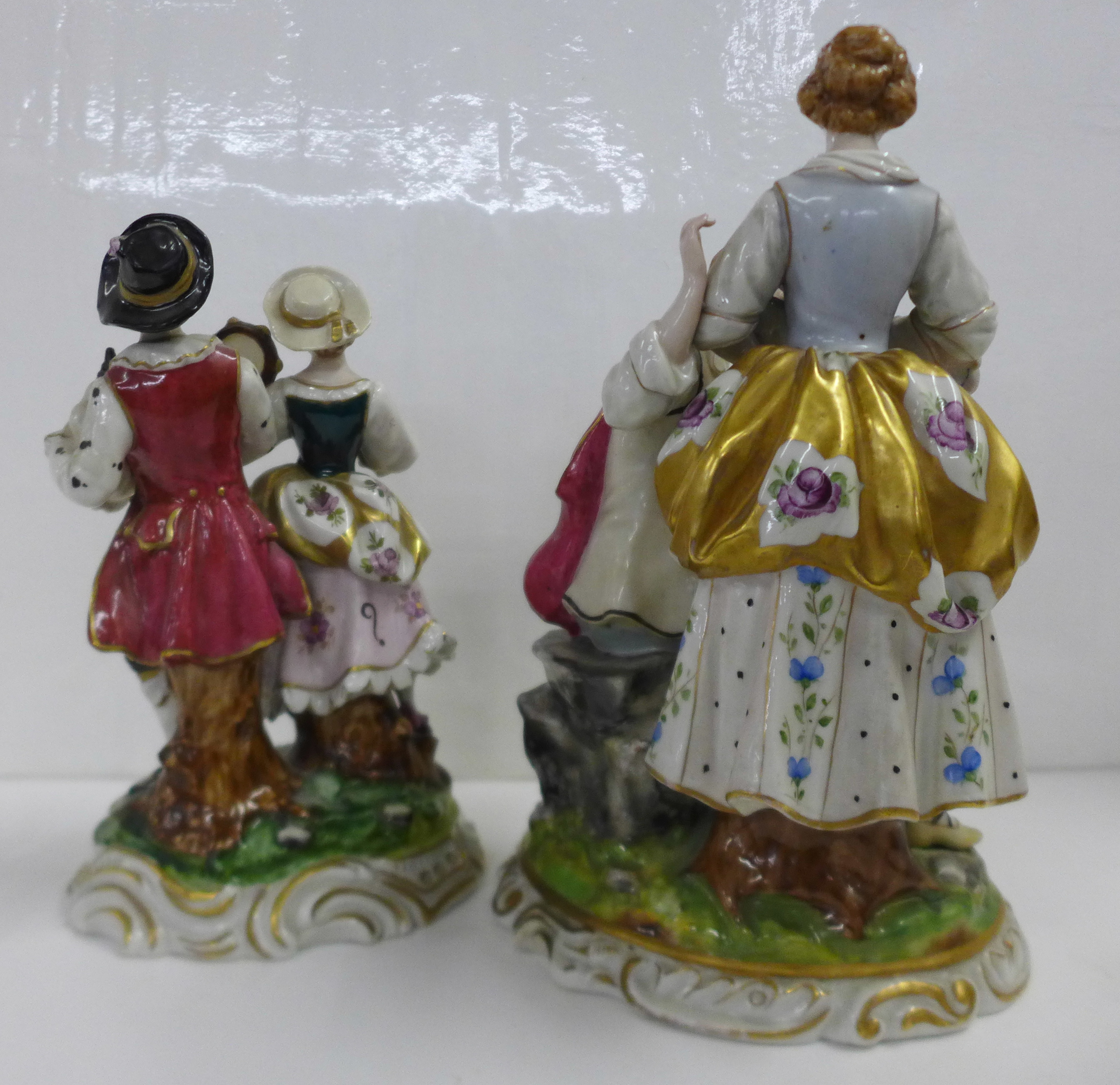 Two German porcelain figure groups; musicians and a courting couple with fruit, some a/f - Image 4 of 4