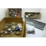 Assorted wristwatch parts, cases and movements