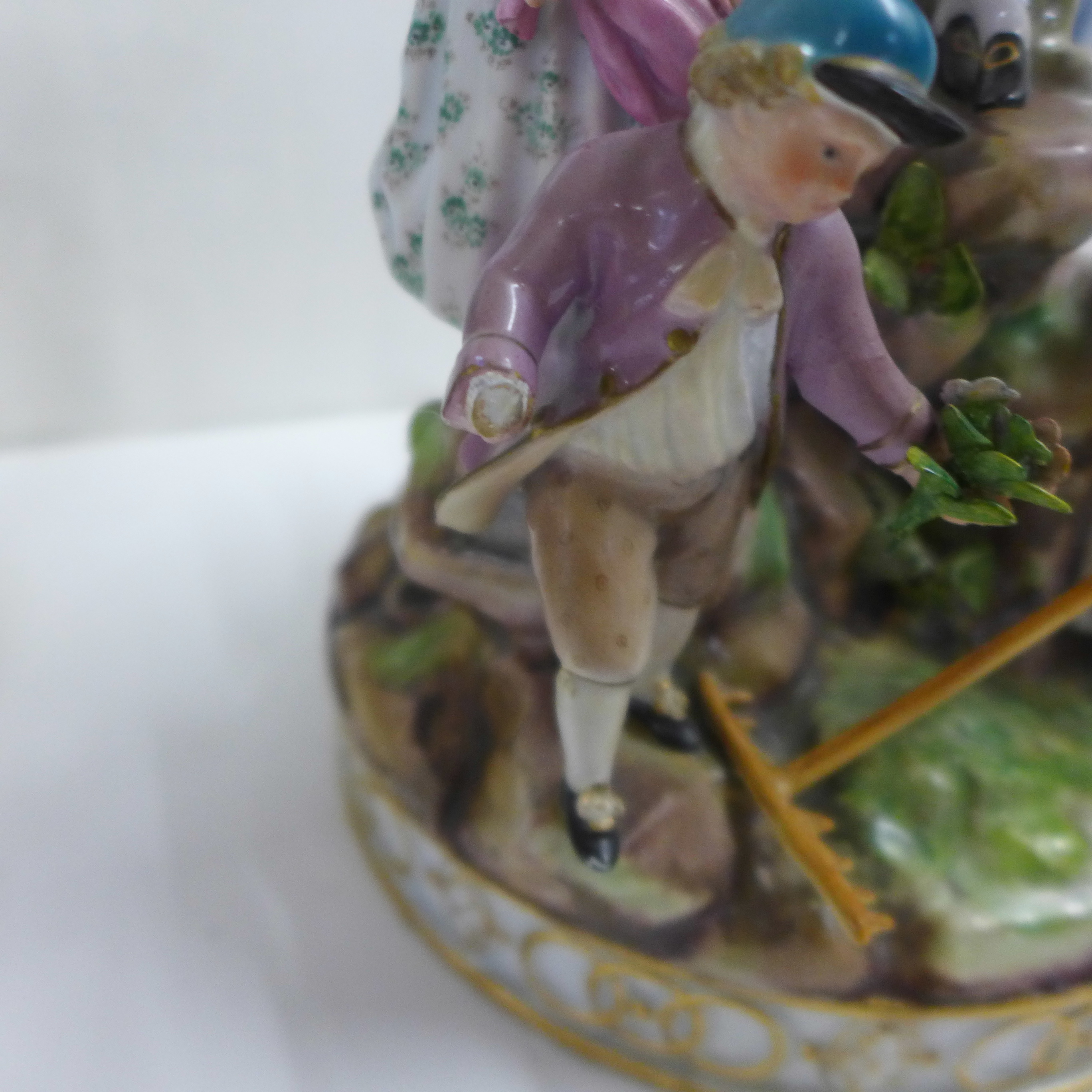 Two German porcelain figure groups; couple seated, with theatrical mask, and Meissen Gardening - Image 3 of 6