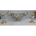 A pair of glass gilt candlesticks and a metal bowl with stag decoration **PLEASE NOTE THIS LOT IS