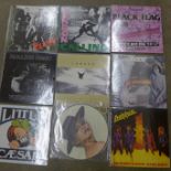 Nine LP records, The Clash, Black Flag, Rollins Band, Little Caesar, etc.