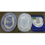 Two large blue and white meat plates and an Aynsley cheeseboard and knife