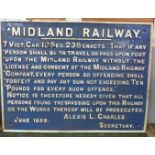 A large Midland Railway cast iron sign, 68cm x 52cm