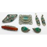 925 silver and marcasite set jewellery; three brooches and two pairs of earrings, largest brooch