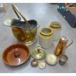 A brass coal bucket, copper hot water jug, copper funnel, an oversize 'Just A Thimbleful' beaker,