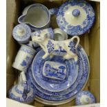 A collection of blue and white china, including Copeland Spode's Italian plates, spice jars,
