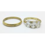 Two 9ct gold rings, 5.5g, (3 stone ring size N, wedding ring size T)