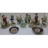 Eight small Continental figures including Sitzendorf, two small dishes and two wooden stands