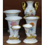 Two pairs of graduated Meissen vases, one other Meissen vase and an Alka Kunst Meissen vase
