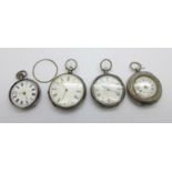 Four silver fob watches, two a/f