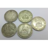 Five silver shillings, four pre 1920 and one 1938