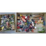 A box of die-cast model vehicles, a tin-plate car, cap gun and a box of plastic soliders, etc.