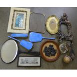 A collection of items including cast metal photograph frame, Stevengraph, other frames and an