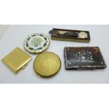 Three compacts including two Stratton, a wristwatch and a tortoiseshell and abalone case/wallet,