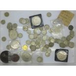 A collection of coins, including a Roman coin and a Joseph Fry commemorative medallion, (230g of